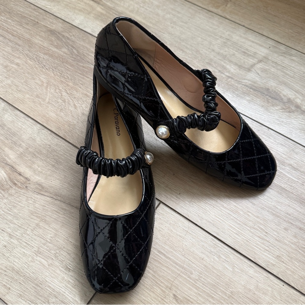 C.Paravano Black Patent Mary Jane Square Toe Ballet Flats with Pearl Detail 38EU - Picture 6 of 8